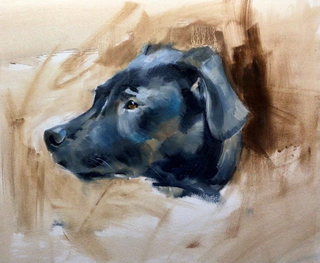 Painting of a black lab dog